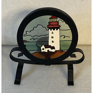 Nautical Lighthouse Painted Glass Black Metal Candle Tea Light Votive - READ